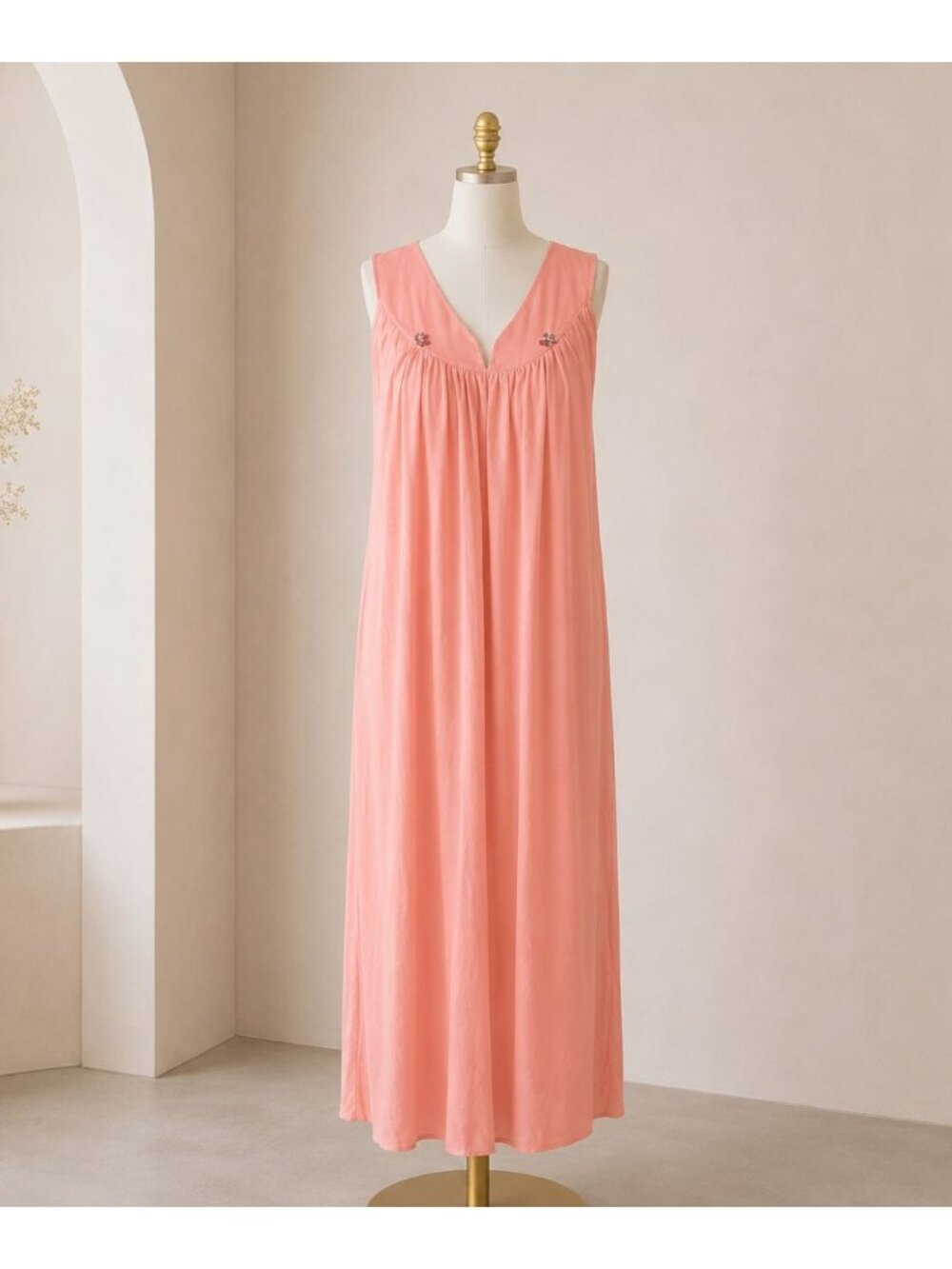 Peach Semi Sheer Maxi Nightgown VTG Size M 60s Floral Embroidered Sleeveless